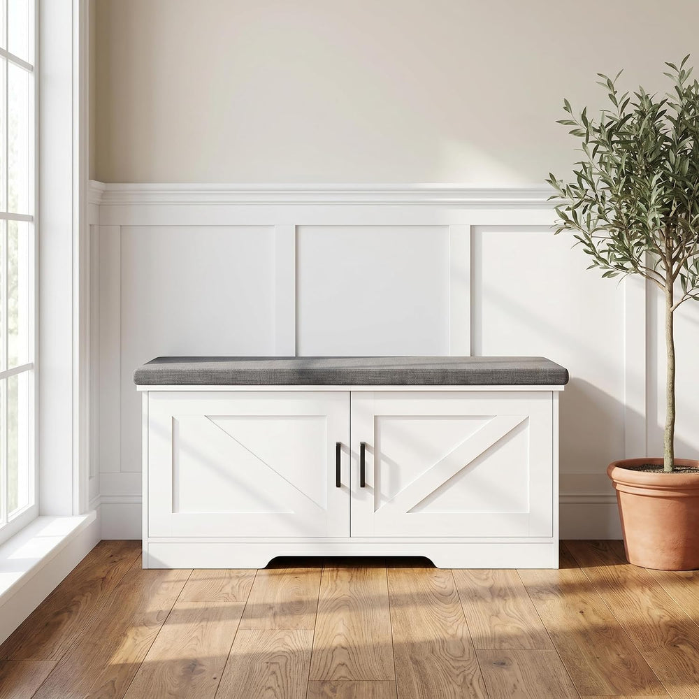 HOMSHO Farmhouse Shoe Storage Bench with 2 Barn Doors & Padded Seat Cushion