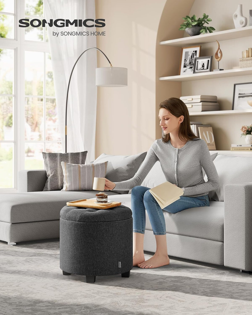 SONGMICS Round Ottoman with Storage, Vanity Stool, Linen-Look Fabric