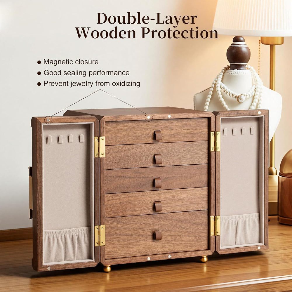 5-Layer Double-Door Walnut Wood Jewelry Box
