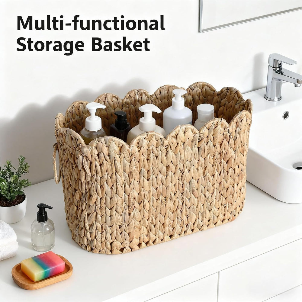 Narrow Wicker Toilet Paper Holder Basket with Lid, Scalloped Wicker Storage B...