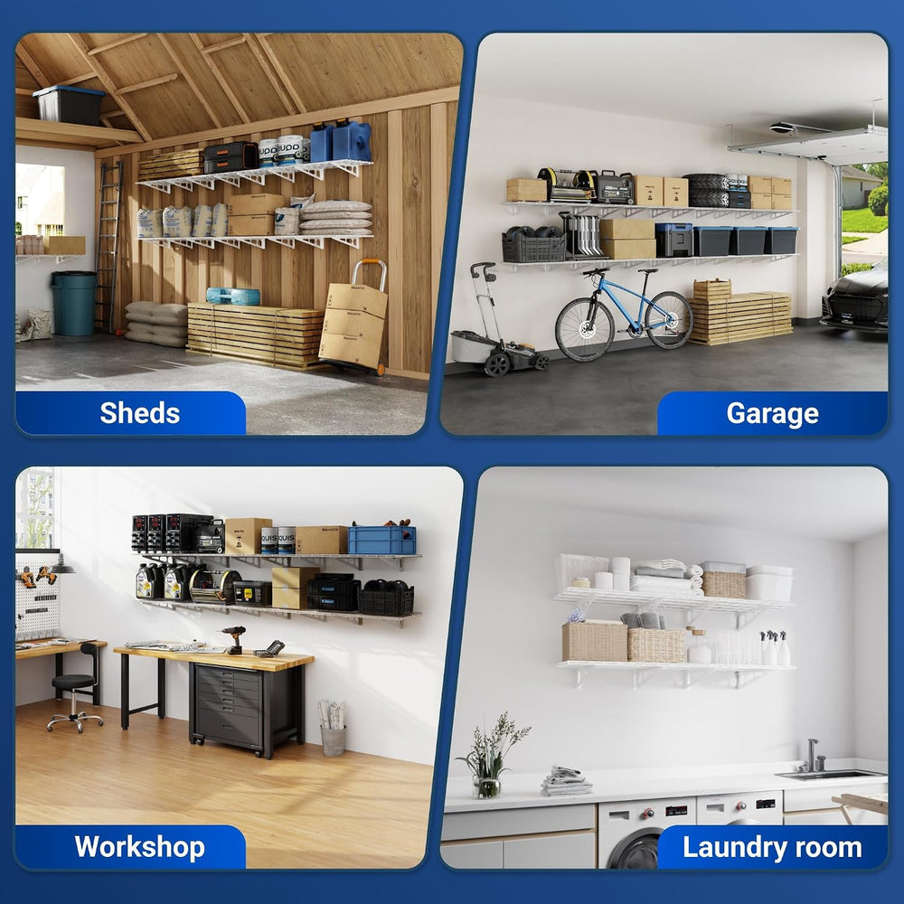 FLEXIMOUNTS 4-Pack 2x4ft Wall Shelf Garage Storage Rack Wall Mounted, White