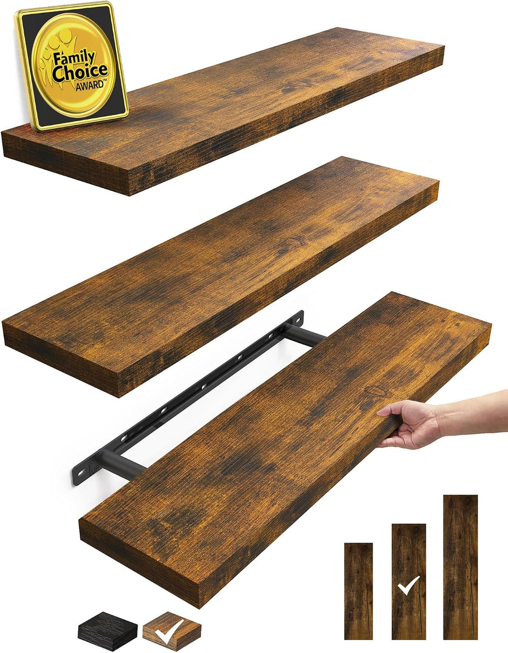 BAYKA Rustic Brown Floating Shelves 22.5in, 3 Pack, Wall Mount Wood Shelf