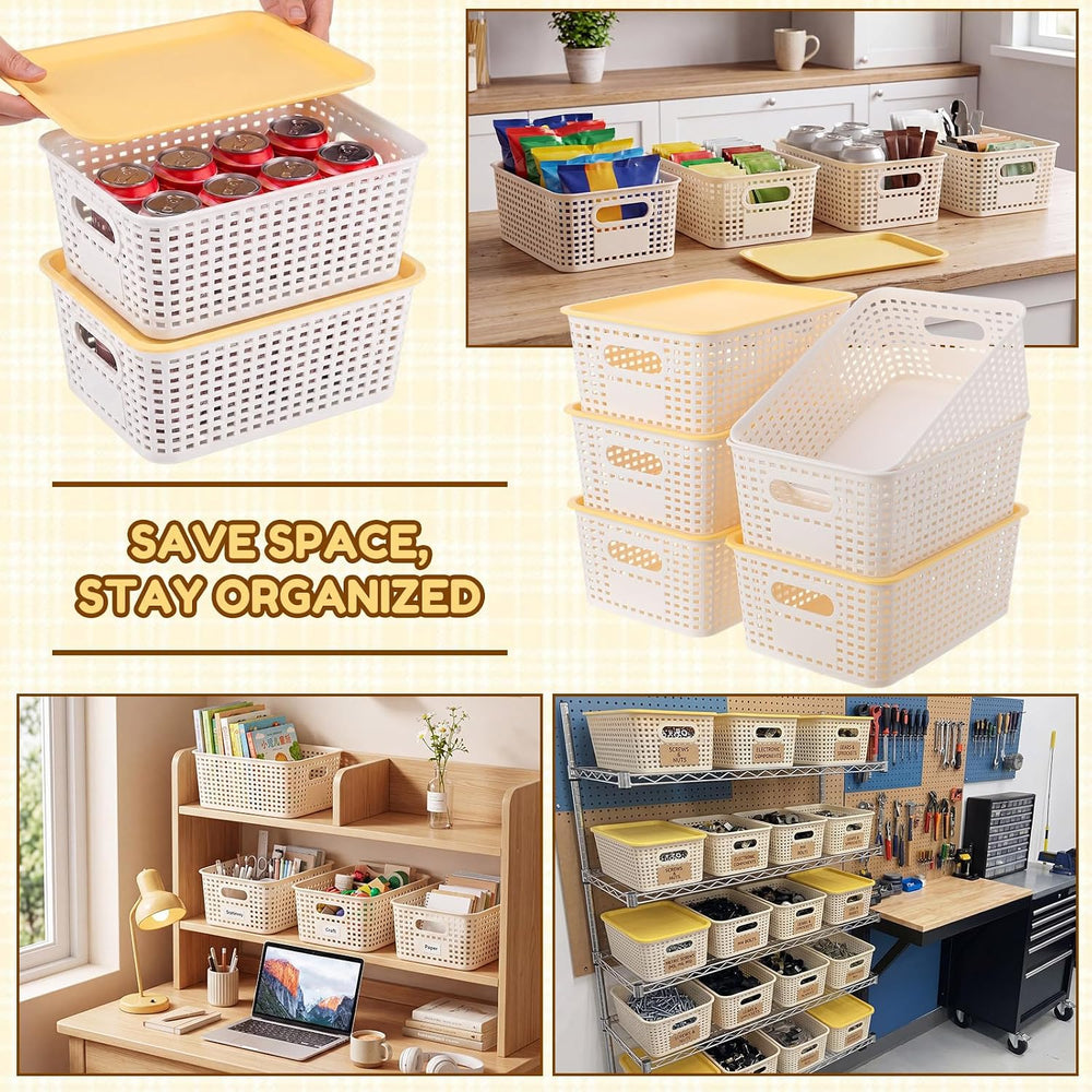 Remerry 12 Pack Plastic Storage Baskets with Lids Stackable, Cream White