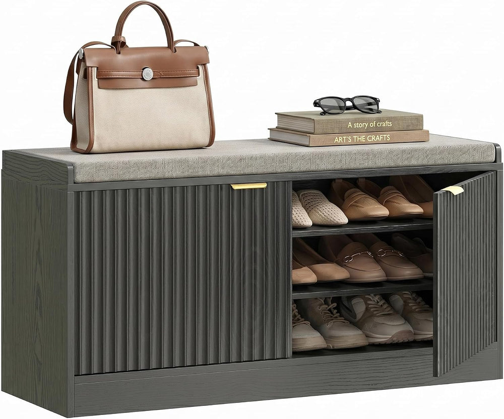 2-Tier Fluted Shoe Storage Bench with Adjustable Shelves and Cushion, Black丨E...