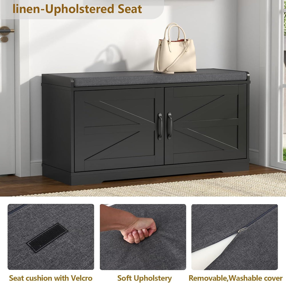 Loomie Shoe Storage Bench, 2-Tier Farmhouse Entryway Bench with Padded Seat C...