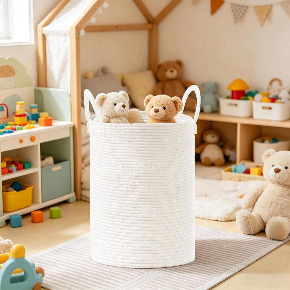 88L Large Tall Cotton Rope Laundry Basket with Handles, White
