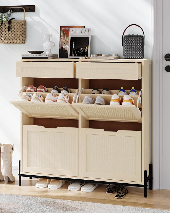 GarveeHome Rattan Shoe Cabinet Storage with 4 Flip Drawers & 2 Top Drawers, Freestanding Shoe Organizer Wooden Slim Shoe Rack Storage with Adjustable Shelves for Entry, Hallway, Porches, Natural