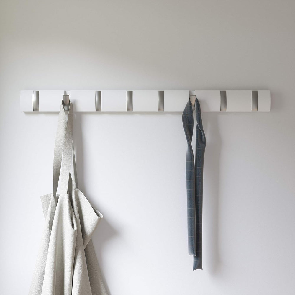 Umbra Flip Coat Rack, Wall Mount 8-Hook, Space Saving, White