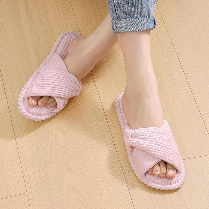 Evshine Summer House Slippers for Women Corduroy Cross Bow Indoor Slippers Open - Image 6