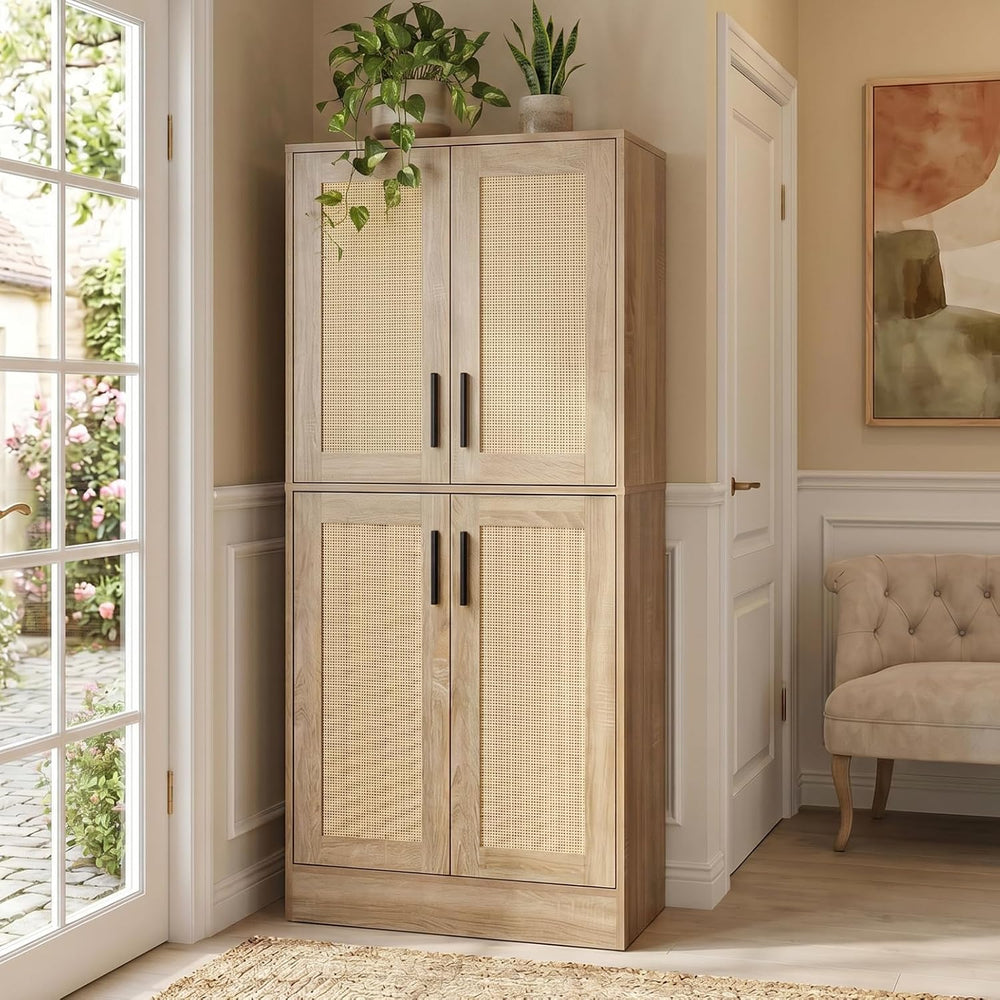 65" 8-Tier Tall Shoe Cabinet with Rattan Doors