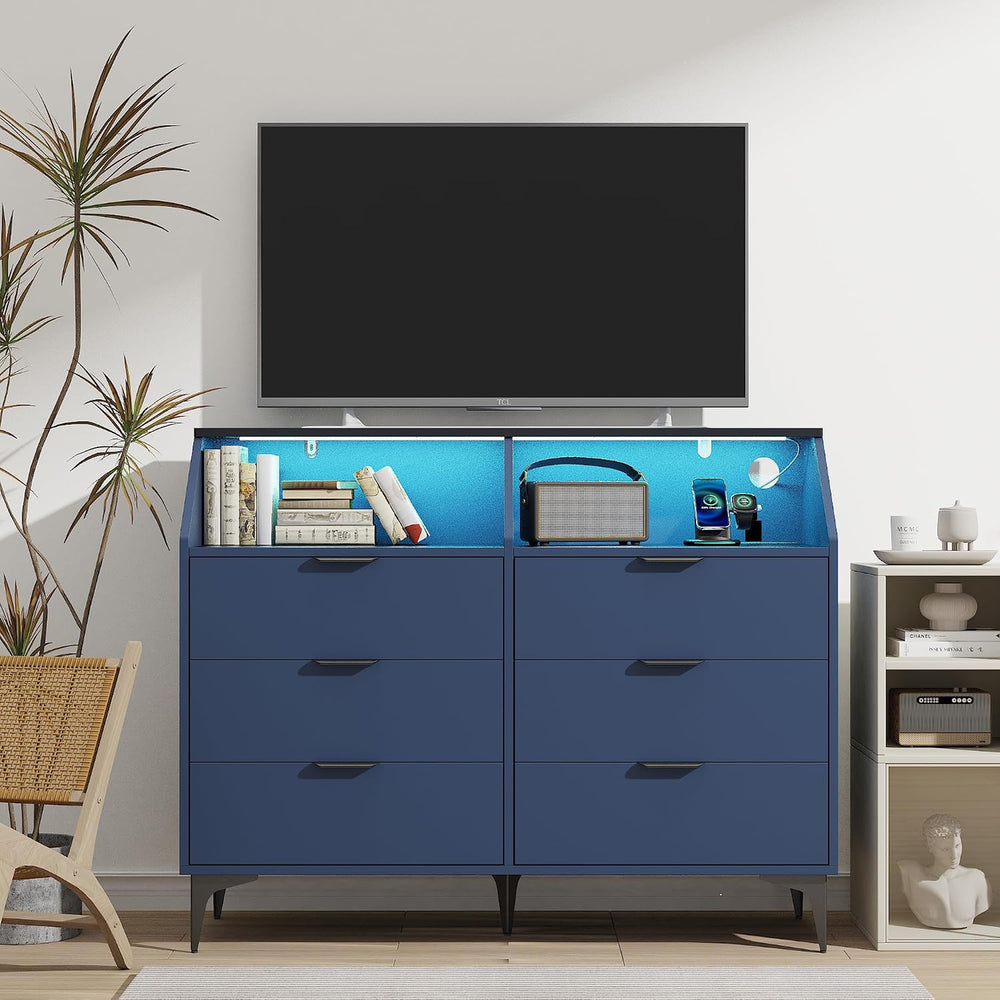 LOUVIXA 6 Drawer Dresser with LED Light, Chest of Drawers with Charging Stati...