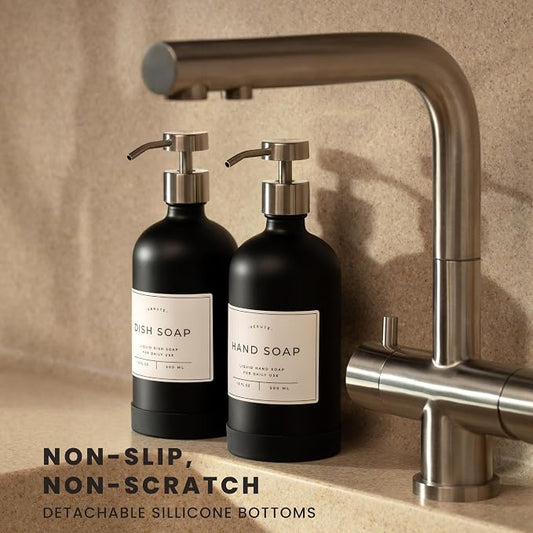 16oz Glass Soap Dispenser with Stainless Steel Pump, 21 Waterproof Labels - Image 2