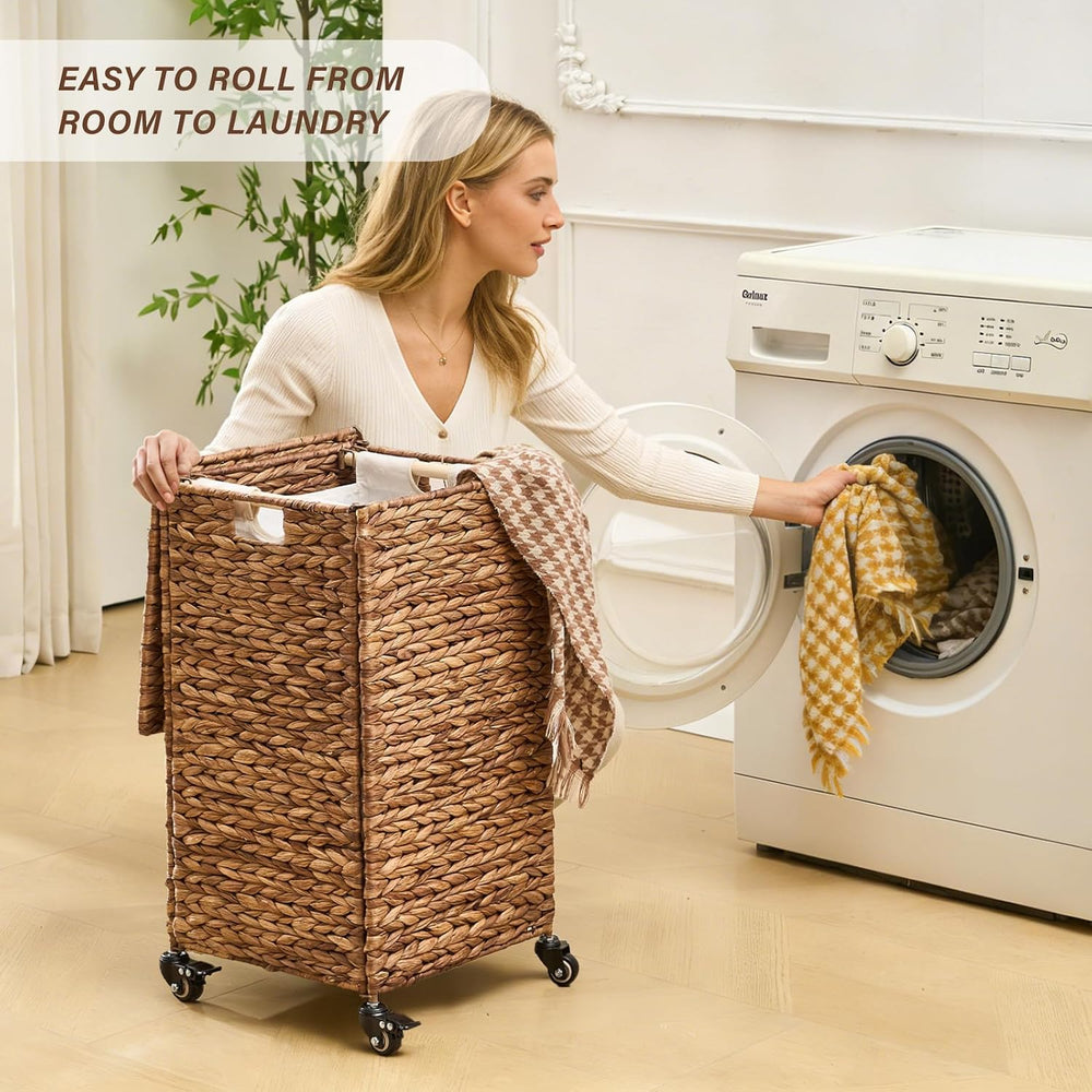 Hand-Woven Natural Water Hyacinth Laundry Basket with Wheels