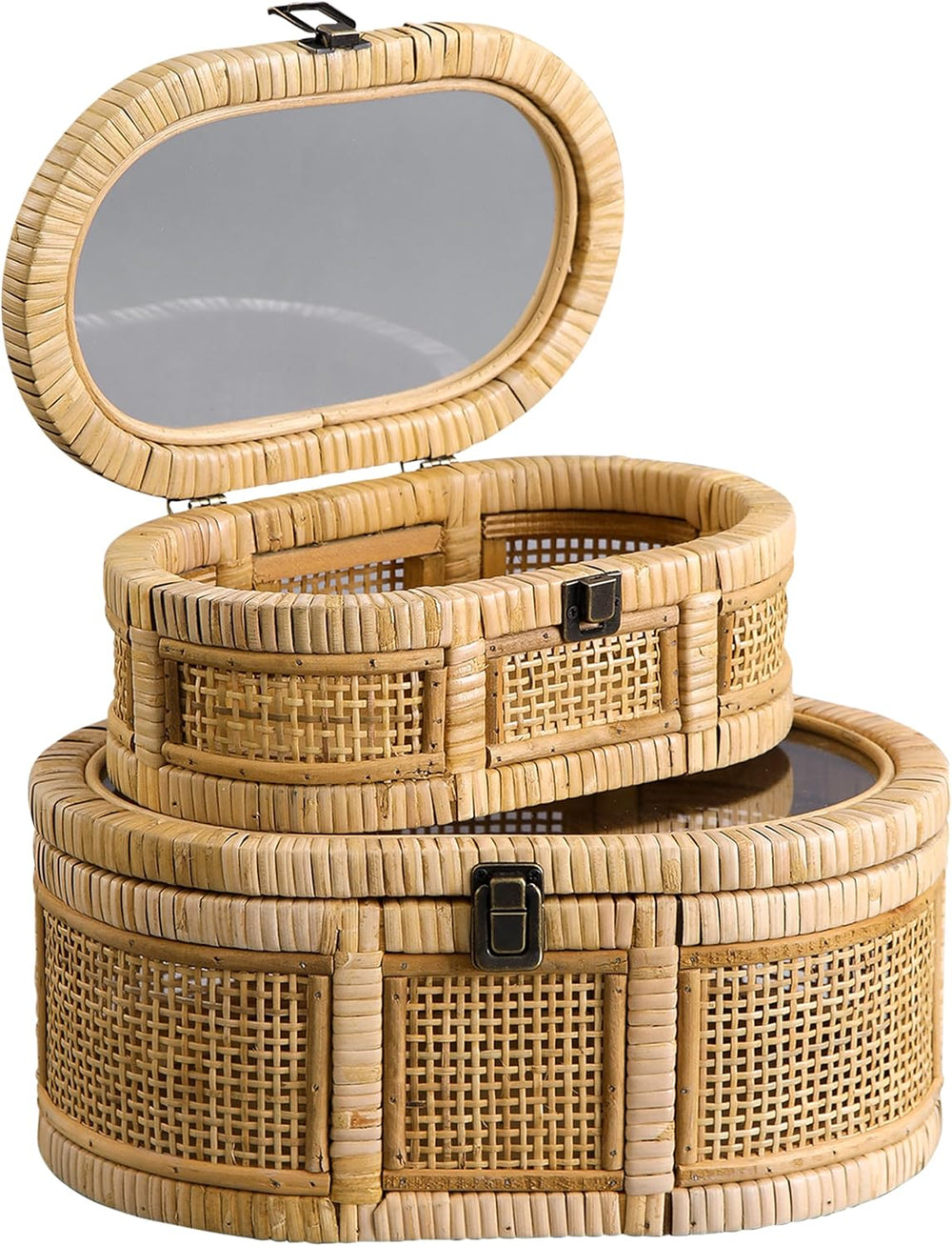 SOFE Oval Rattan Boxes with Glass Lid Set of 2, Handwoven Boho Storage Bins