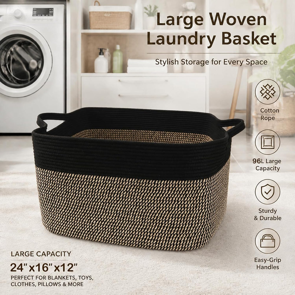 96L Laundry Basket with Handles, Extra Blanket Basket, Black/Jute