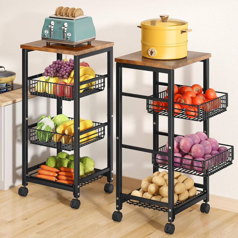 SNTD Fruit Basket Stand for Kitchen with Pull Out Vegetable Baskets, Black