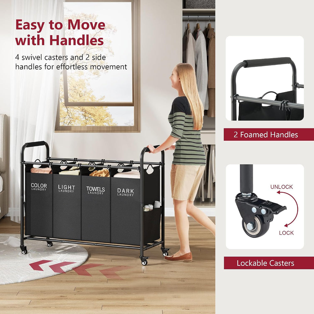 Tajsoon 4 Bag Laundry Sorter Cart, Laundry Sorter 4 Sections, Black