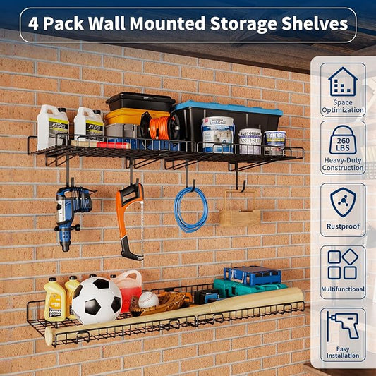 4 Pack Garage Wall Shelf, Wall Mounted Storage Shelves, Heavy Duty Metal Shelves - Image 2