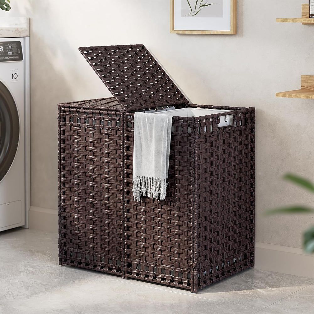 170L Foldable Laundry Hamper with Lid - Handwoven Rattan Storage Basket, 2-Se...