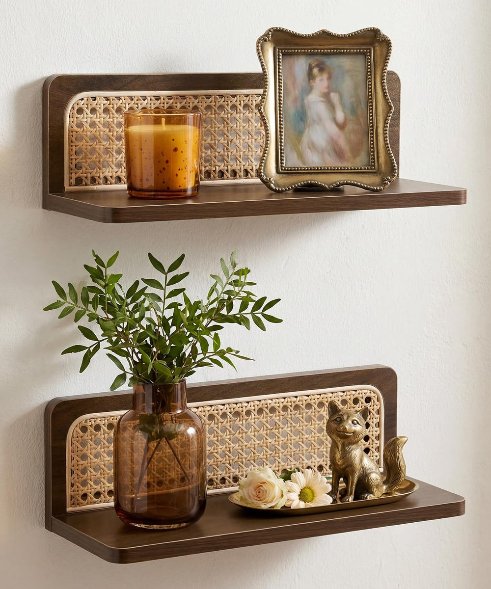 Walnut Rattan Wall Shelf, Mid Century Modern Floating Shelves, MCM