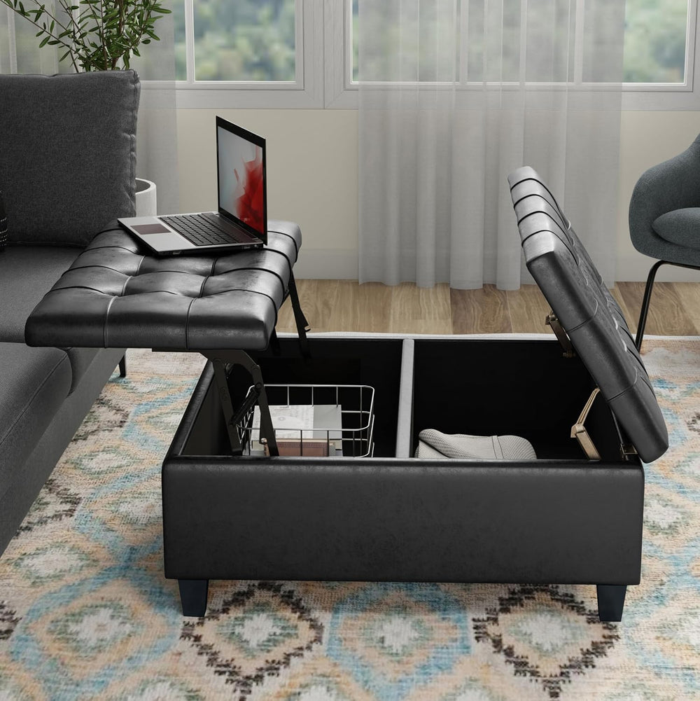 SIMPLIHOME Harrison 36" Vegan Leather Ottoman in Distressed Graphite Black