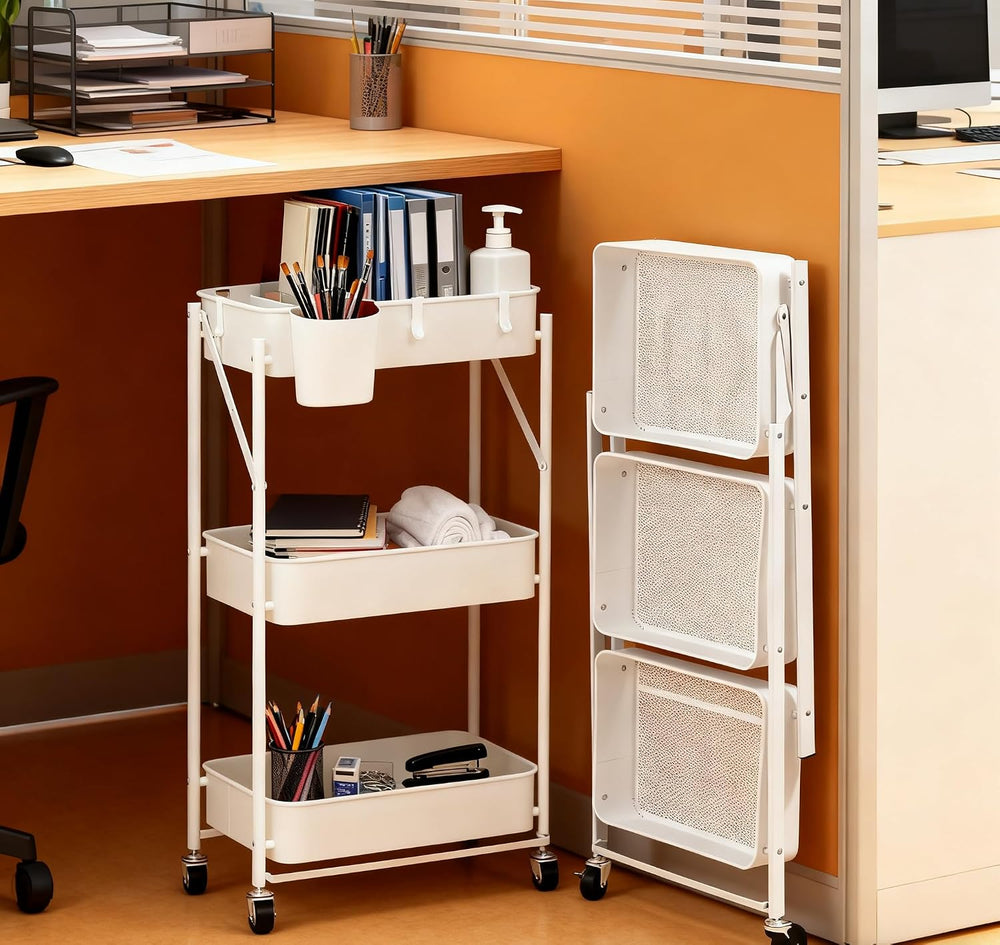 Foldable Rolling Cart 3-Tier Small Foldable Utility Storage Cart Multifunctio...