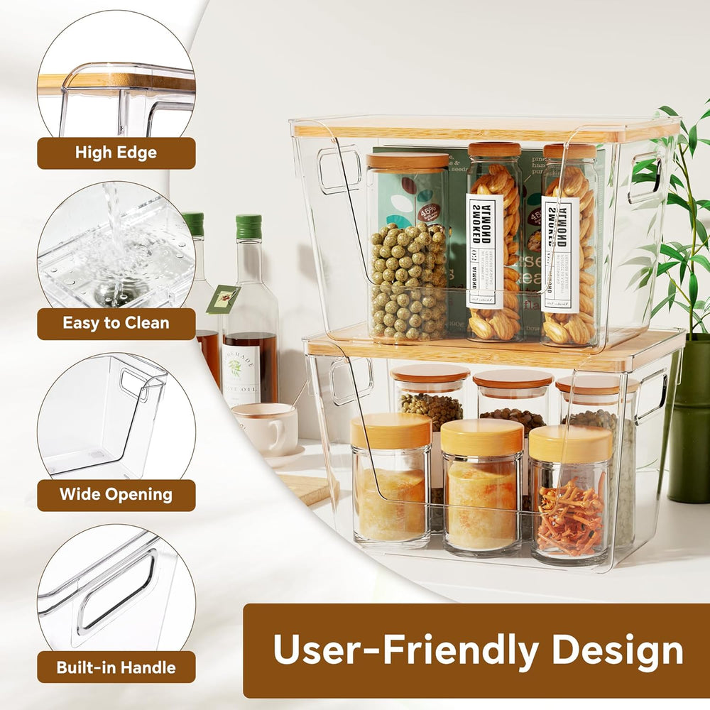 Criusia 2 Large and 2 Small Pantry Organizers and Storage with Bamboo Lids, S...