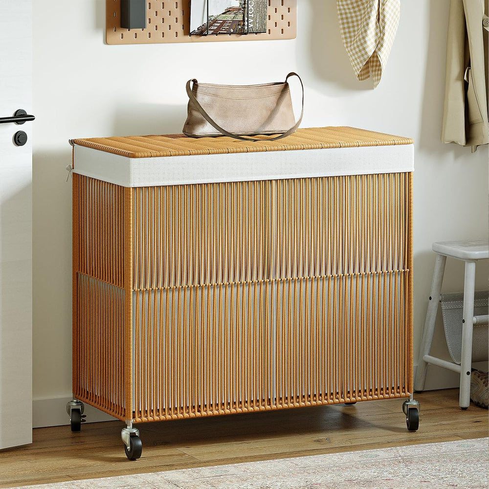 WOWLIVE Laundry Basket 3 Section, Handwoven Laundry Hamper with Wheels