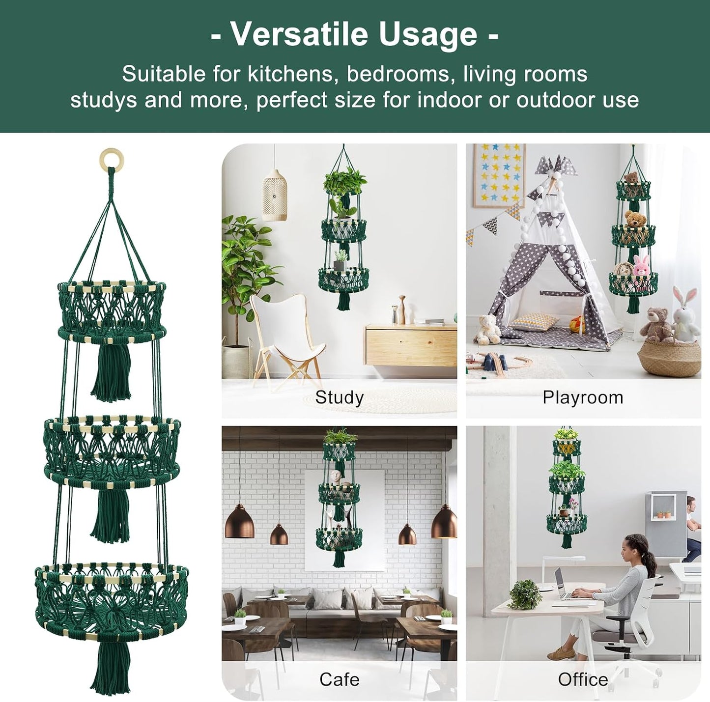 3 Tier Macrame Hanging Basket Hanging Fruit Basket for Kitchen | Cotton Rope Woven Basket for Fruit and Vegetable Storage, Space-Saving Kitchen Use, Decorative Boho Decor, Small Plant Holder