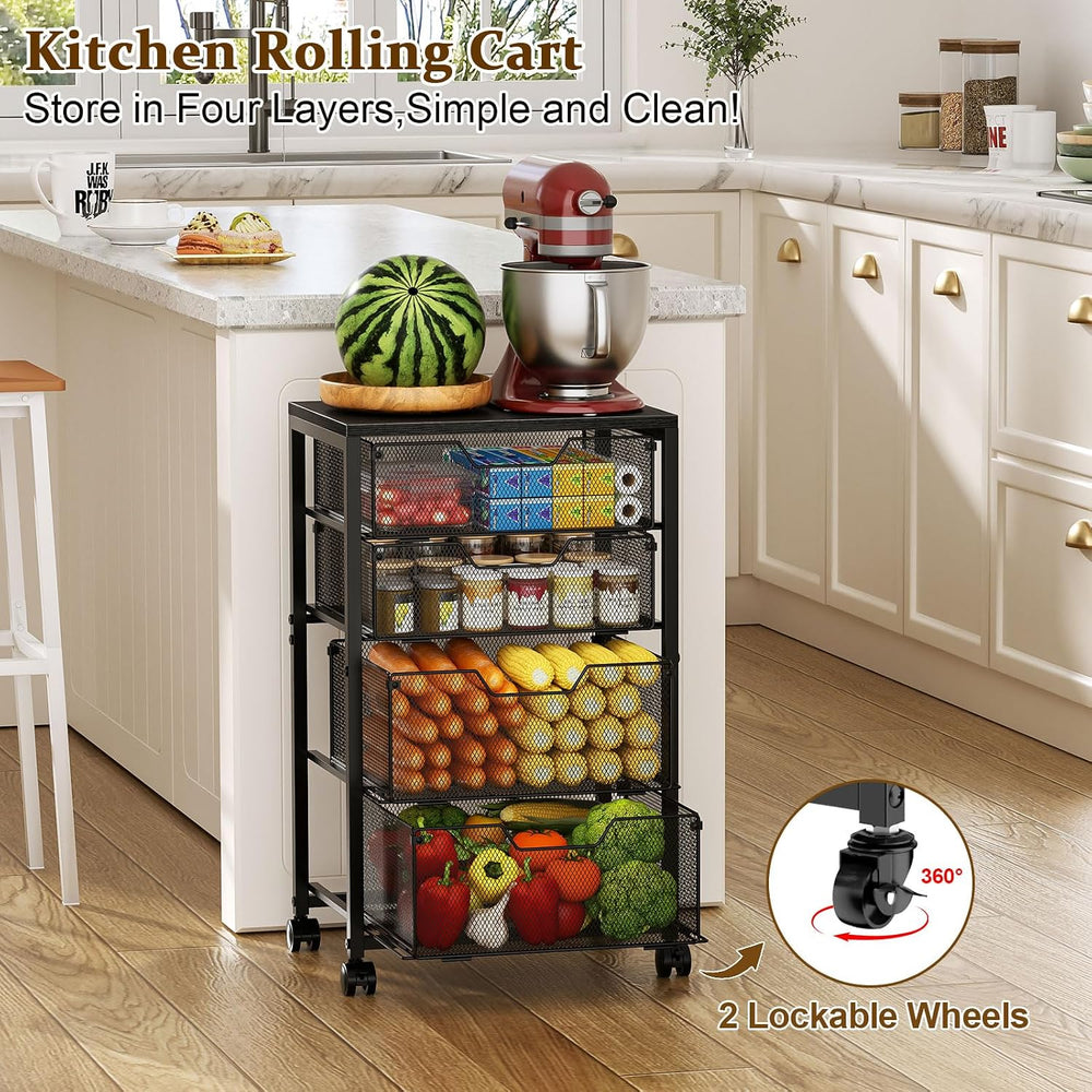 Kitchen Rolling Cart with 4 Storage Drawers, 4-Tier Fruit Vegetable Storage C...