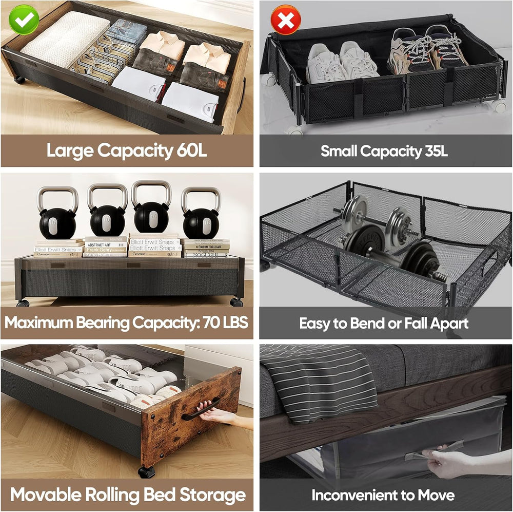 KITHELP Wooden Under Bed Storage with Wheels, Rolling Under the Bed Storage B...