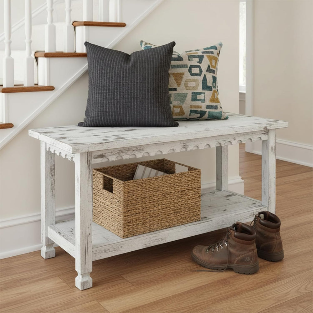 Country Cottage 36-Inch Farmhouse Entryway Bench with Storage Shelf – Solid P...
