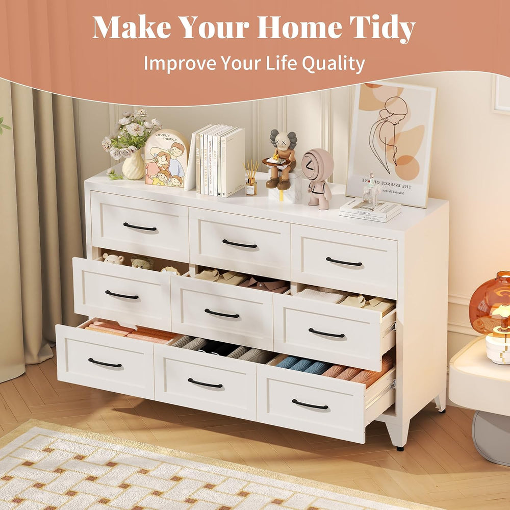 Metal 9 Drawer Dressers for Bedroom, 52" Wide White Steel Chest of Drawe...