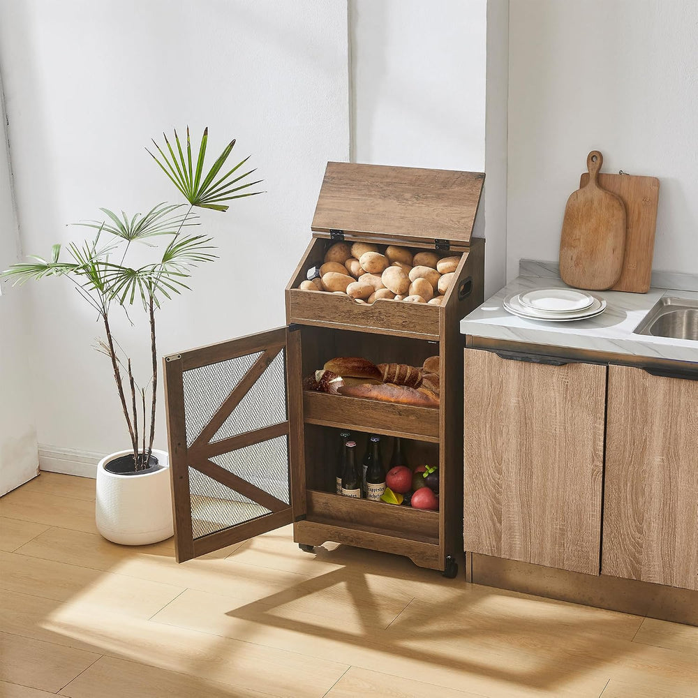 Potato Storage Bin, Movable Potato and Onion Storage Bin for Pantry(Walnut)