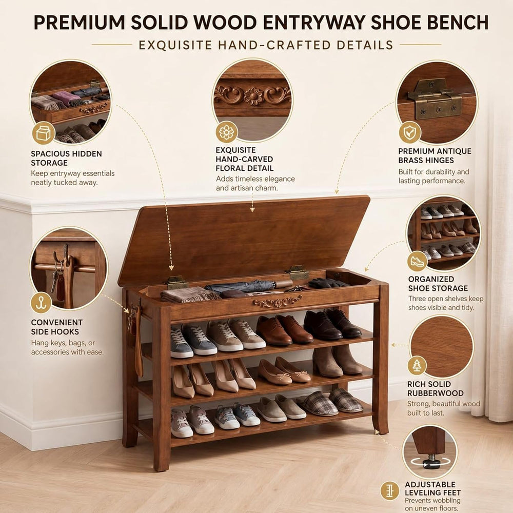 Shoe Rack Bench with Storage 3 Tier Solid Wood Entryway Shoe Rack 31.5"