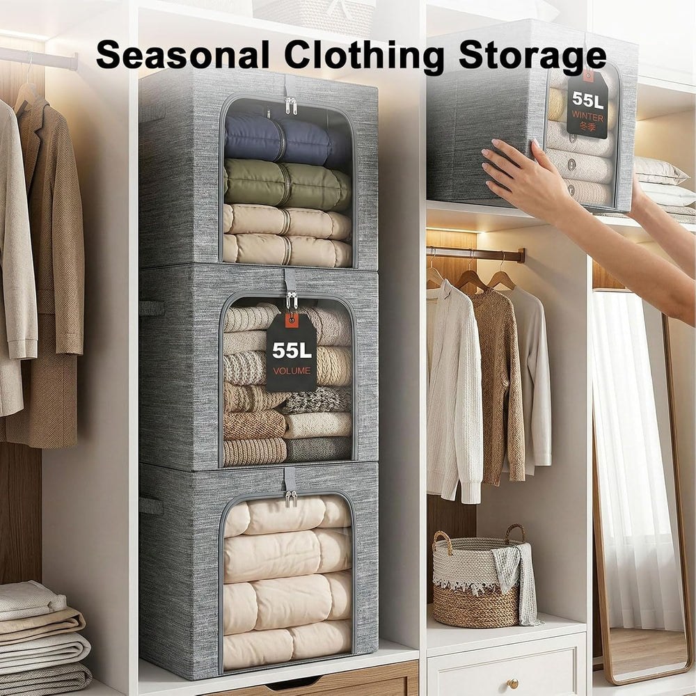 GoMaihe Blanket Storage Bins with Metal Frame for Closet, 55L 4-Pack Grey