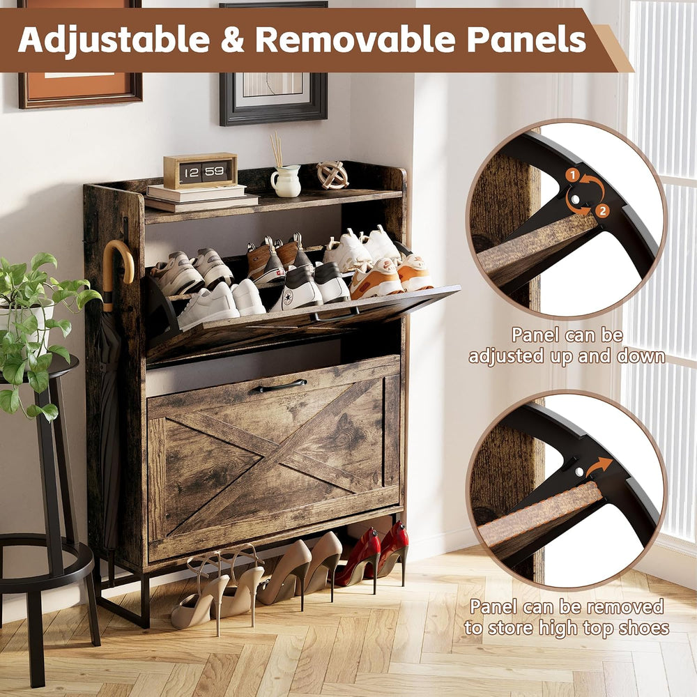 NUNU LAB Farmhouse Shoe Cabinet Storage for Entryway with 2 Flip Drawers &...