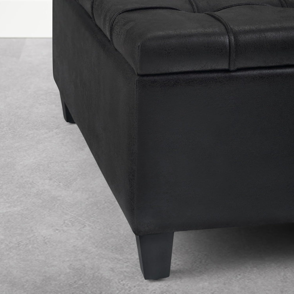 SIMPLIHOME Harrison 36" Vegan Leather Ottoman in Distressed Graphite Black