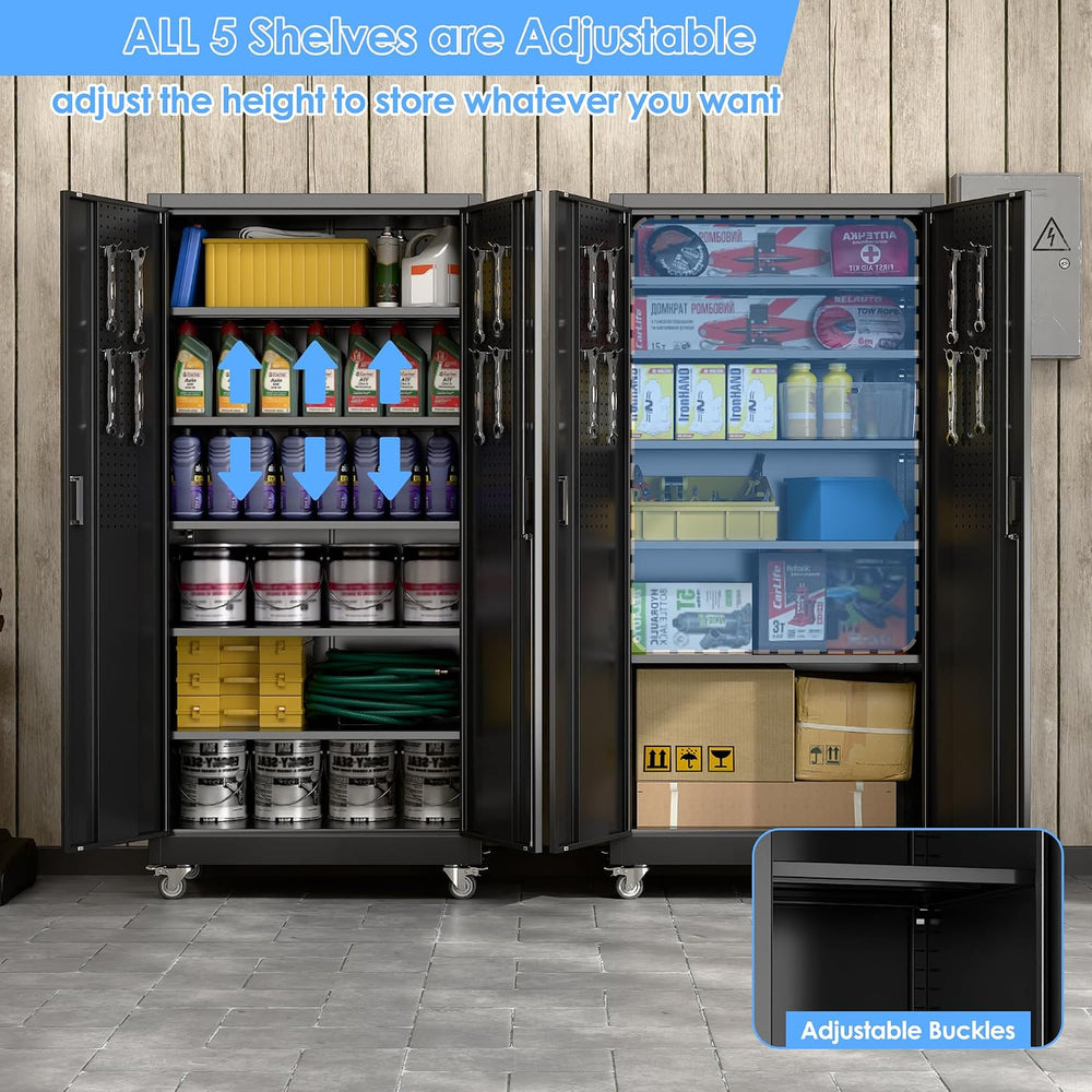 Aobabo Black Metal Garage Storage Cabinet with Wheels, 34"W x 18"D ...