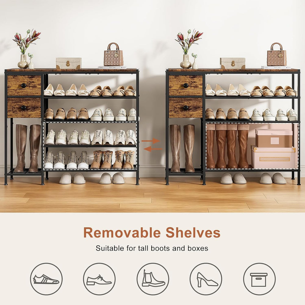 5-Tier Shoe Rack, Side Mesh & 2 Drawers for Closet Rustic Brown