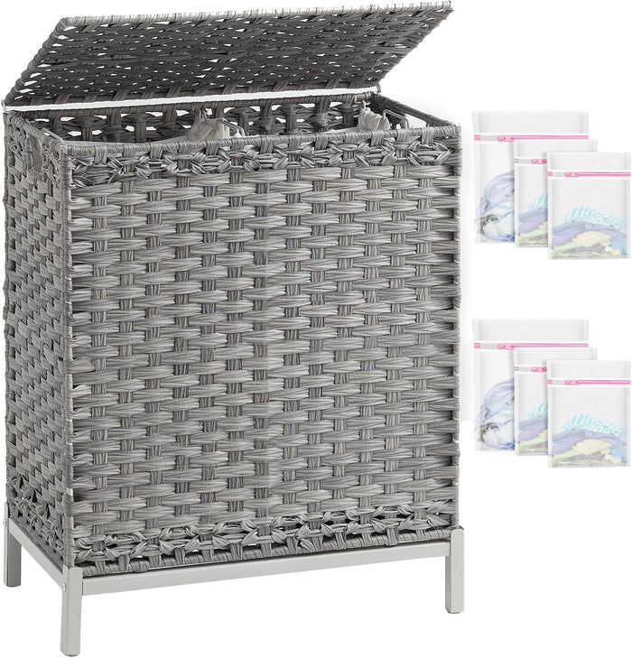 SETVSON Laundry Hamper with Lid, 112 L Handwoven PE Rattan Wicker, Gray