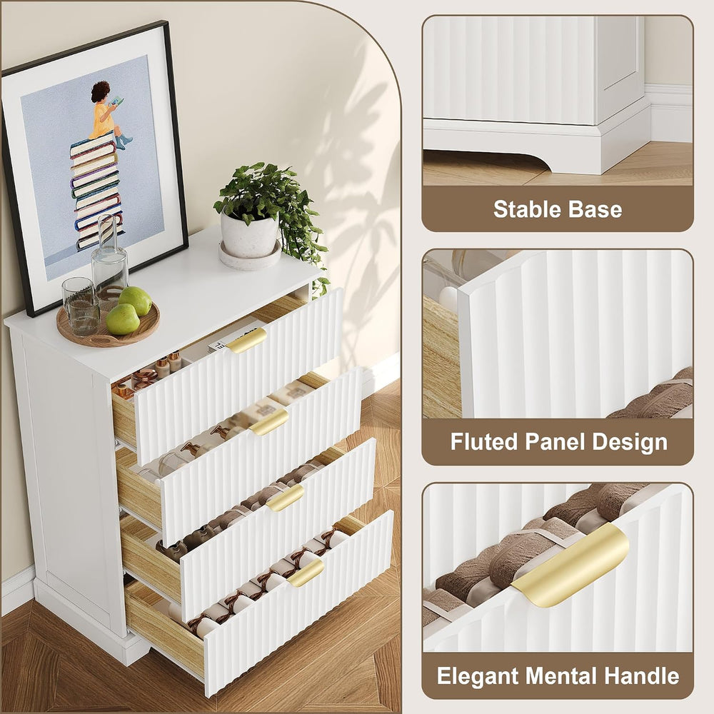 Wooden 4 Drawer Dresser for Bedroom, 36.6 in Tall Fluted Dresser with Metal H...
