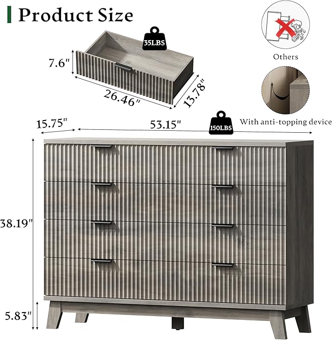 Fluted Dresser with 8 Drawers, Wooden Dresser TV Stand, Modern Closet Clothes