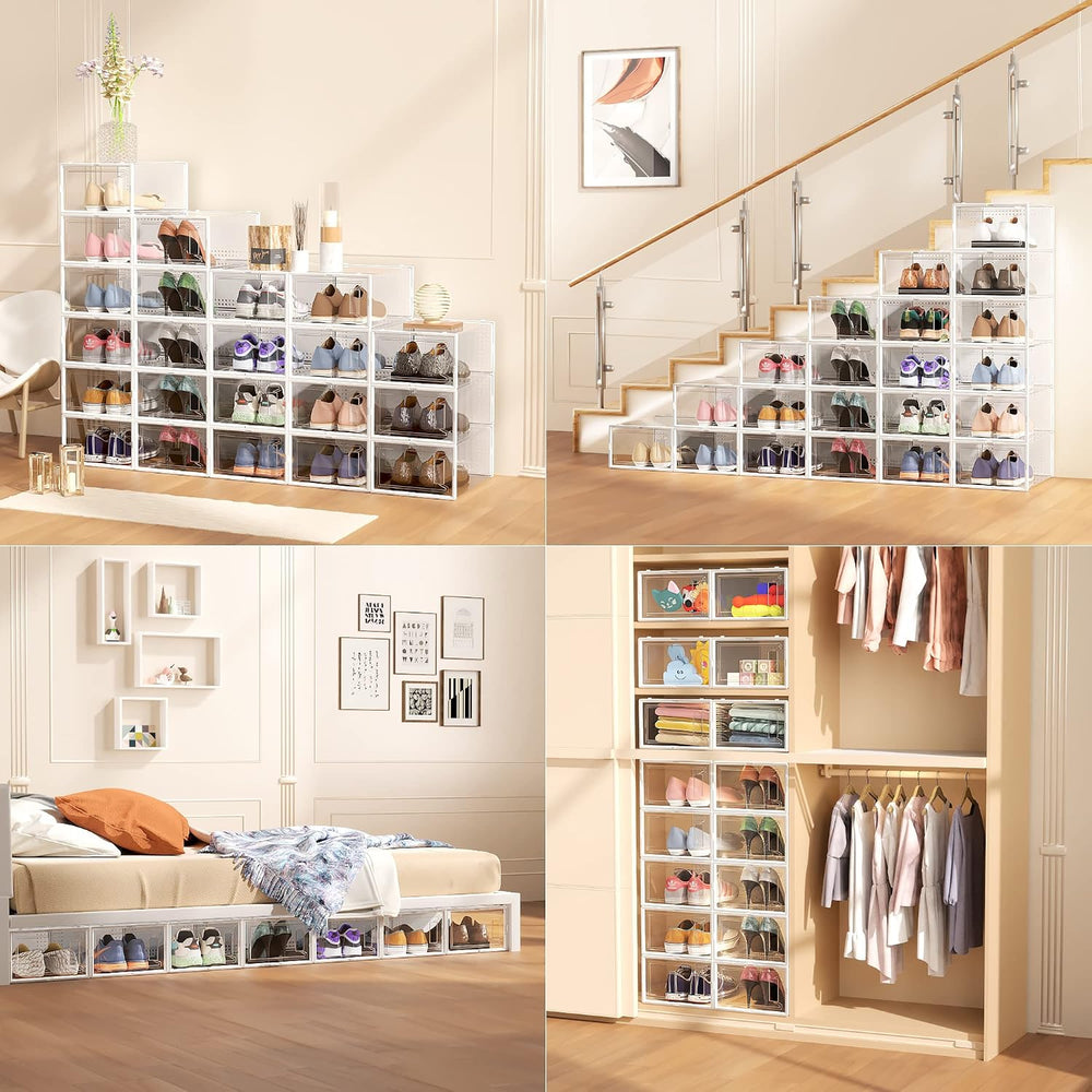 12 Pack XX-Large Stackable Clear Plastic Shoe Storage Box Organizer, White