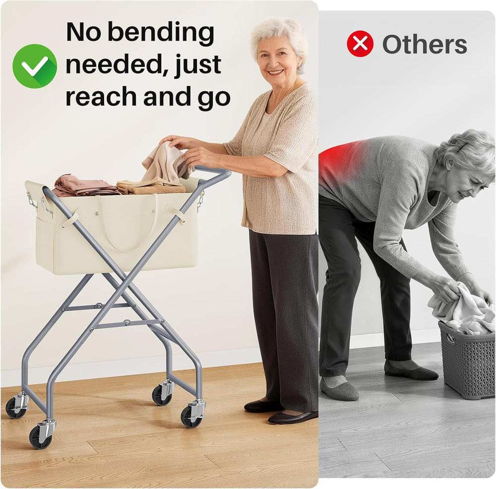 No-Bend Laundry Cart- Rolling Hamper with Locking Wheels & Handle, Foldab...