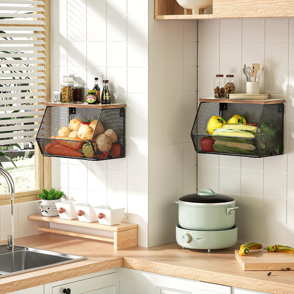 3-Pack Stackable Wire Basket with Wood Lid - Wall Mounted Fruit & Vegetab...