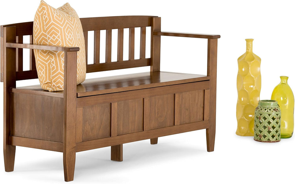 SIMPLIHOME Brooklyn 48" Wide Solid Wood Storage Bench in Saddle Brown