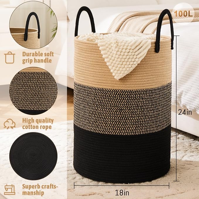 Laundry Basket, Woven Cotton Rope Laundry Hamper, 100L - Image 6