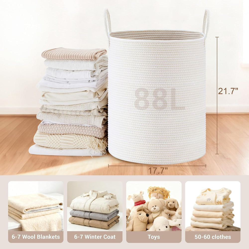 88L Large Tall Cotton Rope Laundry Basket with Handles, White