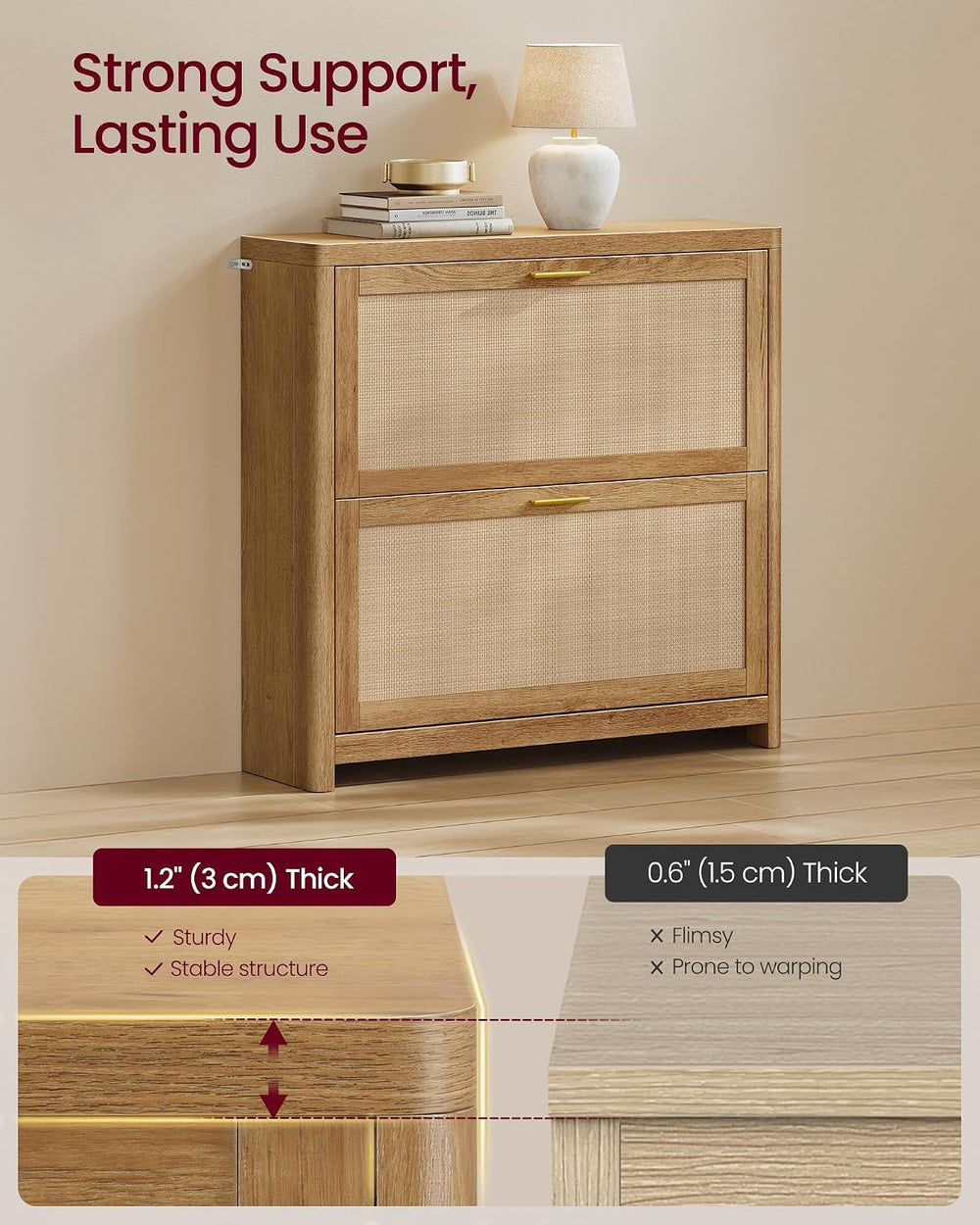 VASAGLE Boho Shoe Storage Cabinet, Slim, Rattan-Look Flip Drawers